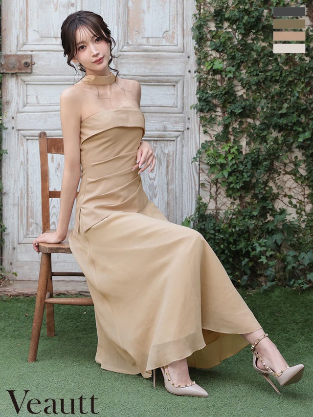 キャバドレス Veautt ヴュート 2way ベアトップ スカーフ ウエストタック ボタン シフォン シンプル Aラインロングドレス