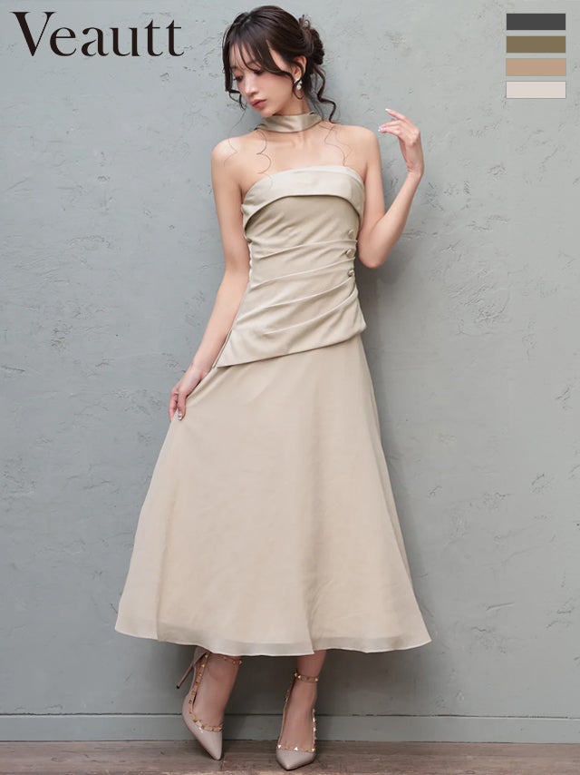キャバドレス Veautt ヴュート スカーフ ウエストタック 2way ベアトップ ボタン シフォン シンプル Aラインロングドレス
