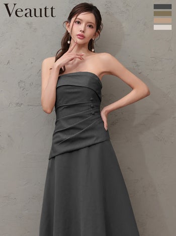 キャバドレス Veautt ヴュート スカーフ ボタン シフォン シンプル ウエストタック 2way ベアトップ Aラインロングドレス