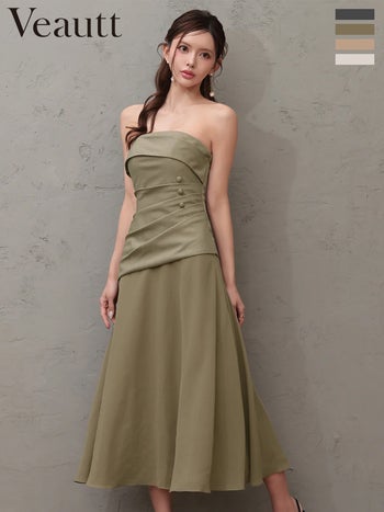 キャバドレス Veautt ヴュート シンプル ウエストタック 2way スカーフ ボタン シフォン ベアトップ Aラインロングドレス