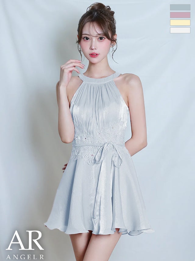 キャバドレス Angel R エンジェルアール フラワーメッシュ ギャザー 刺繍 ホルターネック ウエストリボン フレアミニドレス