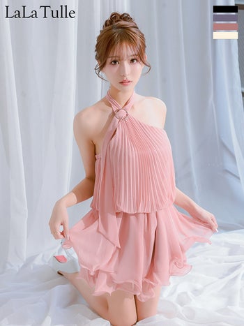 キャバドレス IRMA イルマ シフォン ホルターネック アコーディオンプリーツ カットオフ フレアミニドレス