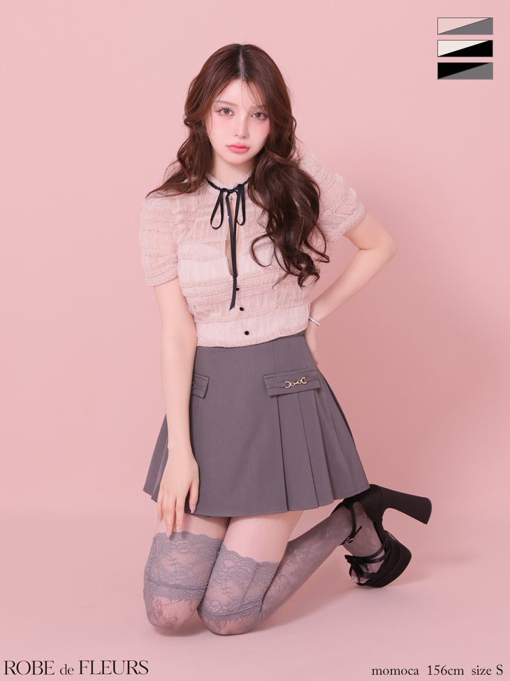 キャバドレス ROBEdeFLEURS ローブドフルール プリーツスカート ドット柄 リボン 半袖 セットアップ バイカラー バストカット フリル フレアミニドレス