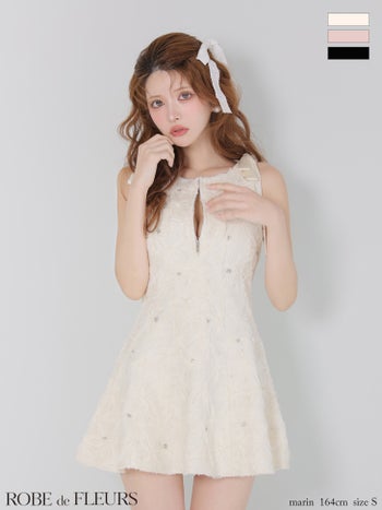 キャバドレス ROBEdeFLEURS ローブドフルール ノースリーブ リボン ジップデザイン ガーリー フラッフィー フラワーレース ビジュー フレアミニドレス