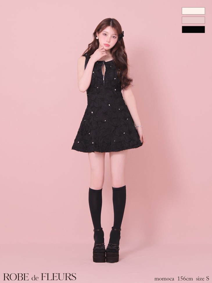 キャバドレス ROBEdeFLEURS ローブドフルール ビジュー ノースリーブ リボン フラッフィー フラワーレース ジップデザイン ガーリー フレアミニドレス