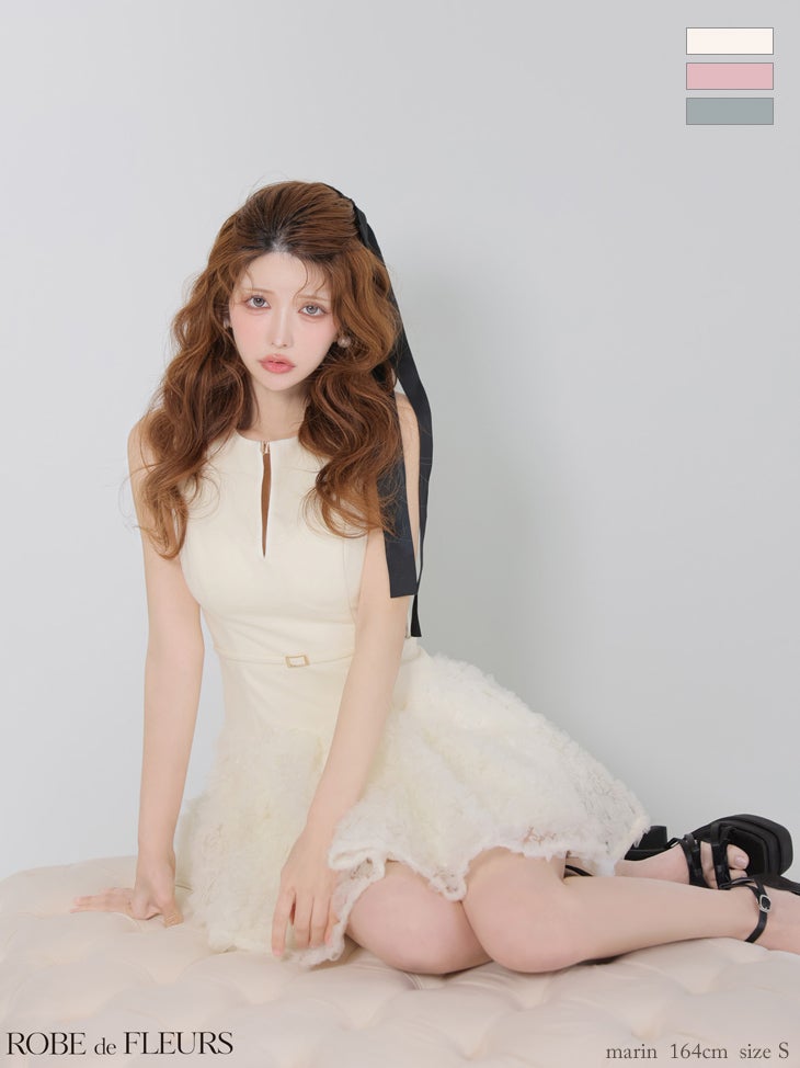 キャバドレス ROBEdeFLEURS ローブドフルール ノースリーブ ジップデザイン ドッキングニット ウエストベルト チュール ボリューム フレアミニドレス