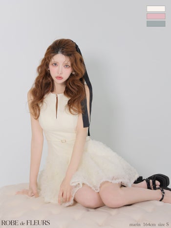 キャバドレス ROBEdeFLEURS ローブドフルール ノースリーブ ジップデザイン ドッキングニット ウエストベルト チュール ボリューム フレアミニドレス
