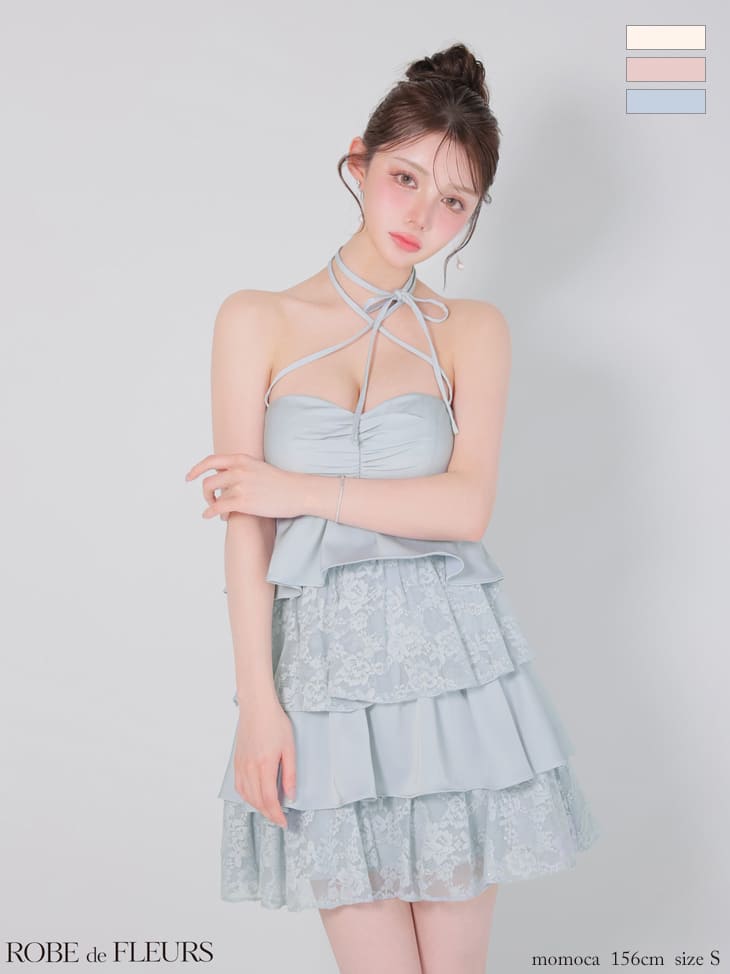 キャバドレス ROBEdeFLEURS ローブドフルール リボン スパンコール レース ティアードフリル ベア ホルターネック フレアミニドレス