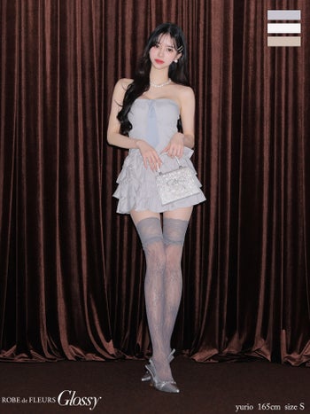 キャバドレス Glossy ROBE de FLEURS グロッシー ローブドフルール ネクタイ付き ティアードフリル キャミソール セットアップ 2way ベア フレアミニドレス