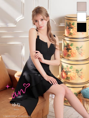 キャバドレス an ノースリーブ ジップデザイン チェーン プリーツ アシンメトリー フリル フレアミニドレス