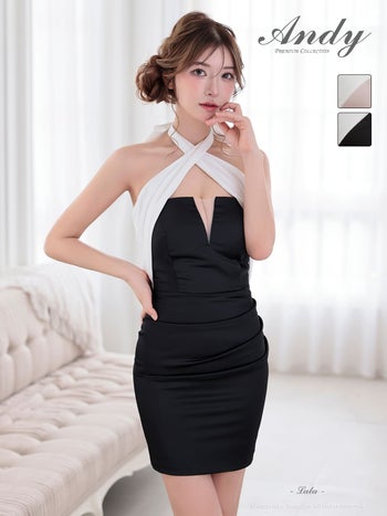 キャバドレス　Andy　ホルターネック バストシースルー ネックリボン バイカラー クロスデザイン タイトミニドレス
