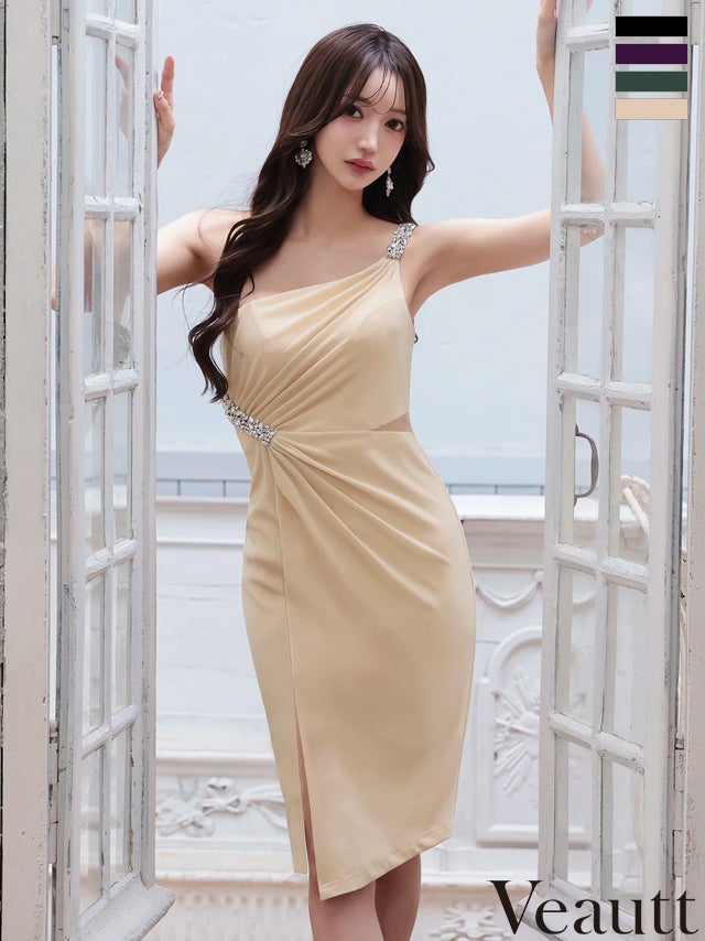 キャバドレス Veautt ヴュート ワンショルダー ウエストカット タック ビジュー スリット タイト 膝丈ドレス