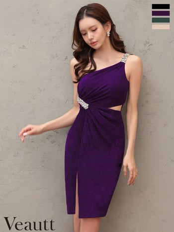 キャバドレス Veautt ヴュート ウエストカット タック ビジュー スリット タイト ワンショルダー 膝丈ドレス