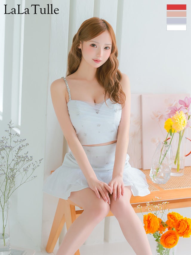 キャバドレス ROBEdeFLEURS ローブドフルール ハートカット ガーリー ビジュー チュール セットアップ キャミソール ラメニット ビジューキャミソール フリル フレアミニドレス