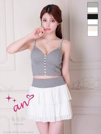 キャバドレス an セットアップ キャミソール バイカラー ビジュー ボタン リボン ティアード フリル フレアミニドレス