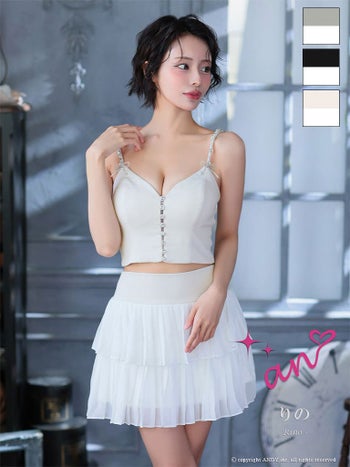 キャバドレス an セットアップ バイカラー キャミソール ビジュー ボタン リボン ティアード フリル フレアミニドレス