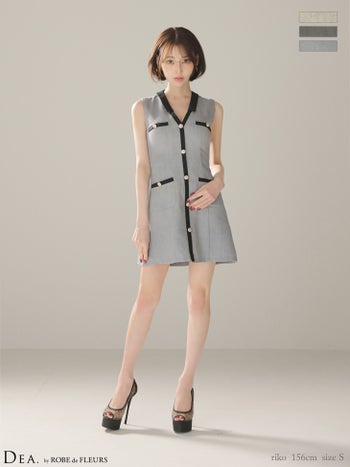 キャバドレス DEA. ROBE de FLEURS ディア ローブドフルール バイカラー ノースリーブ 襟付き ゴールドボタン Vネック 台形 フレアミニドレス