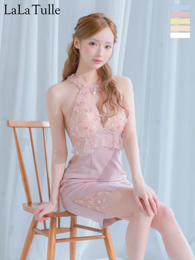 キャバドレス Angel R エンジェルアール くびれ透け バストカット ホルターネック フラワー レース フリル ビジュー フェミニン タイトミニドレス