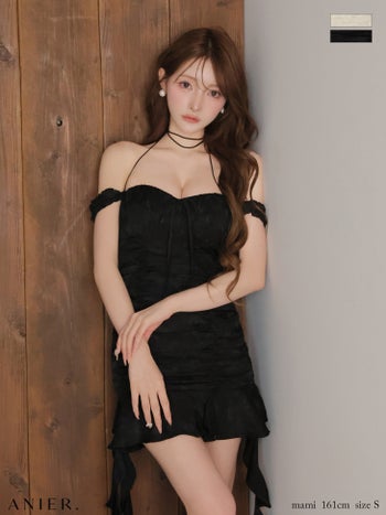 キャバドレス ANIER. アニエル フリル ギャザー 半袖 リボン オフショルダー タイトミニドレス