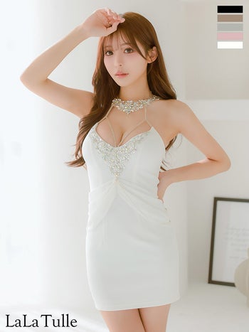 キャバドレス Angel R エンジェルアール シフォンドレープ パールチェーン ビジュー ホルターネック タイトミニドレス