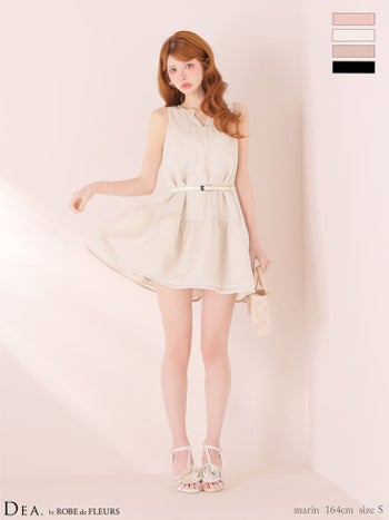 キャバドレス DEA.by ROBE de FLEURS ディア ギャザー ウエストベルト ティアード シフォン ワンカラー ノースリーブ フレアミニドレス