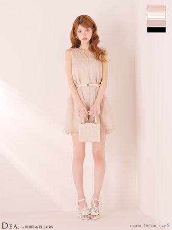 キャバドレス DEA.by ROBE de FLEURS ディア ウエストベルト ティアード シフォン ワンカラー ノースリーブ ギャザー フレアミニドレス