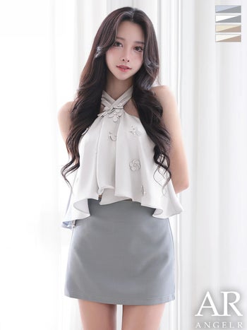 キャバドレス Angel R エンジェルアール シフォン フラワー バイカラー セットアップ ホルターネック フレアミニドレス