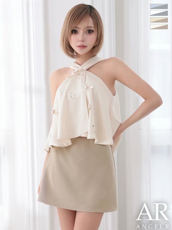 キャバドレス Angel R エンジェルアール シフォン セットアップ ホルターネック フラワー バイカラー フレアミニドレス