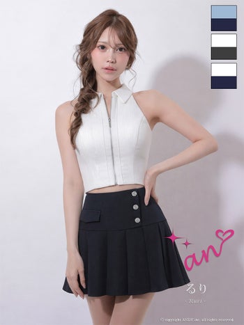 キャバドレス an セットアップ ノースリーブ ジップデザイン 襟付き プリーツ ビジュー ボタン バイカラー フレアミニドレス