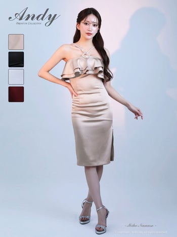 キャバドレス Andy ビジュー フリル スリット ホルターネック タイト 膝丈ドレス