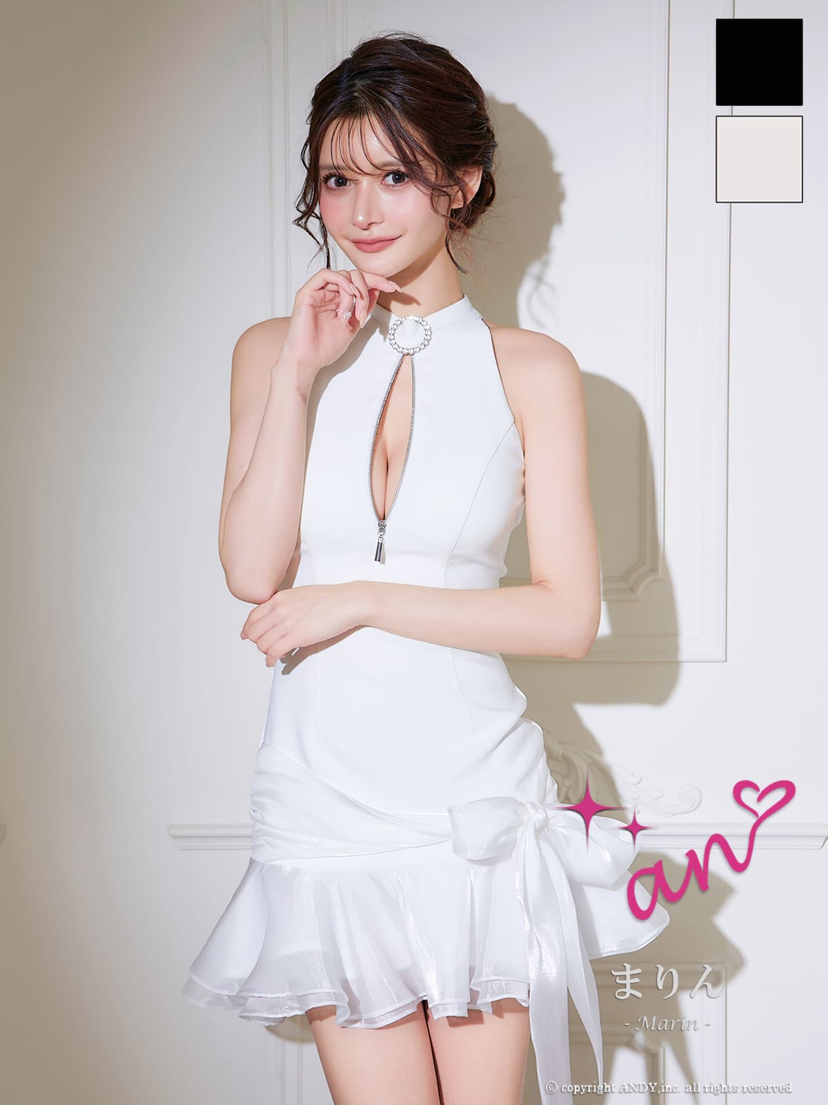 キャバドレス an ジップデザイン ホルターネック ビジュー 裾フリル リボン タイトミニドレス