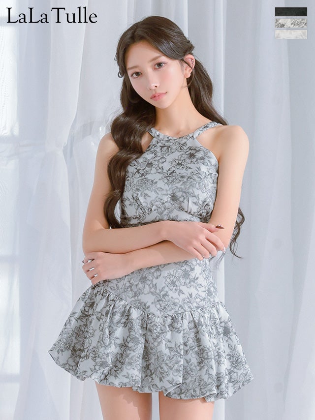 キャバドレス ROBEdeFLEURS ローブドフルール ホルターネック バックリボン 花柄ジャガード セットアップ ラメレース フレアミニドレス