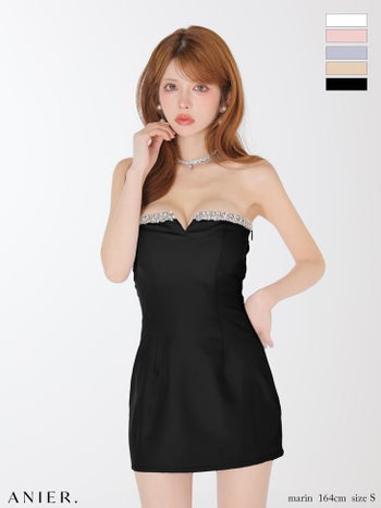 キャバドレス ANIER. アニエル ベアトップ ビジューライン シンプル バックシャン ワンカラー タイトミニドレス