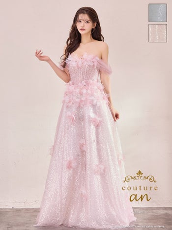 キャバドレス couture an 2way オフショルダー ベアトップ チュール レース ラメ 立体フラワー レースアップ バースデー Aラインロングドレス