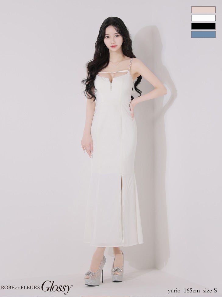 キャバドレス Glossy ROBE de FLEURS グロッシー ローブドフルール コードデザイン バックシャン キャミソール チェーンショルダー ジップデザイン ワンカラー サテン スリット マーメイドロングドレス