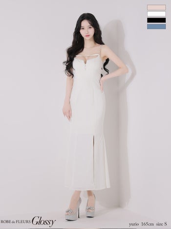 キャバドレス Glossy ROBE de FLEURS グロッシー ローブドフルール コードデザイン バックシャン キャミソール チェーンショルダー ジップデザイン ワンカラー サテン スリット マーメイドロングドレス