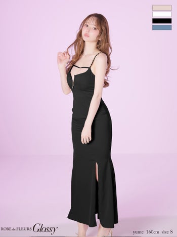 キャバドレス Glossy ROBE de FLEURS グロッシー ローブドフルール コードデザイン バックシャン キャミソール チェーンショルダー ジップデザイン ワンカラー サテン スリット マーメイドロングドレス