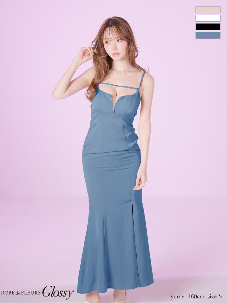 キャバドレス Glossy ROBE de FLEURS グロッシー ローブドフルール コードデザイン ショルダーチェーン サテン スリット バックシャン キャミソール マーメイドロングドレス