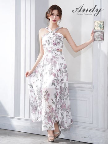 キャバドレス Andy ホルターネック ウエストカット 花柄 プリント シースルー Aラインロングドレス