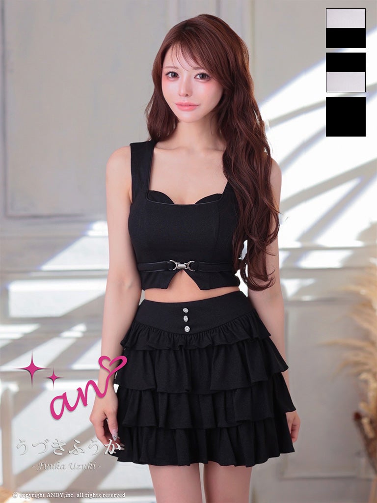 キャバドレス an セットアップ ウエストベルト ノースリーブ ティアード フリル フレアミニドレス