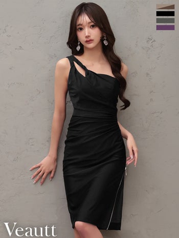 キャバドレス Veautt ヴュート ワンショルダー スリット ウエストタック アシンメトリー ジップデザイン バイカラー タイト 膝丈ドレス
