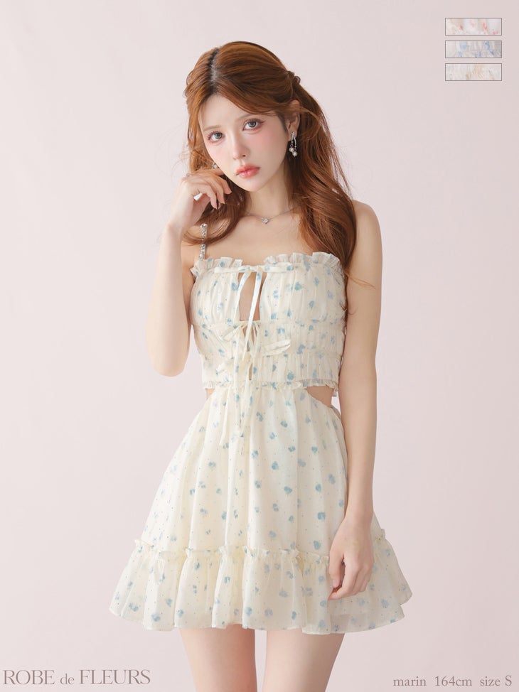 キャバドレス ROBEdeFLEURS ローブドフルール ウエストカット フラワー キャミソール シフォン スタッズ リボン ビジュー ガーリー フレアミニドレス 