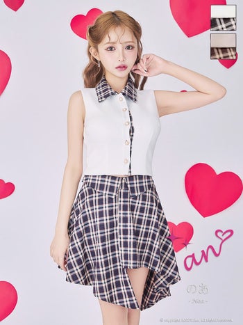 キャバドレス an セットアップ ノースリーブ チェック柄 パール ボタン 襟付き アシンメトリー フレアミニドレス