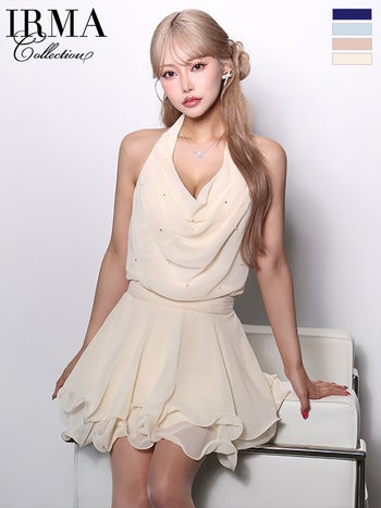 キャバドレス IRMA イルマ ホルターネック ビジュー ドレープデザイン ウエストマーク フレアミニドレス