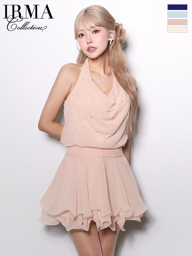 キャバドレス IRMA イルマ ウエストマーク ビジュー ドレープデザイン ホルターネック フレアミニドレス
