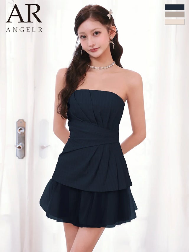 キャバドレス Angel R エンジェルアール ウエストタック フリル シフォン ベアトップ フレアミニドレス