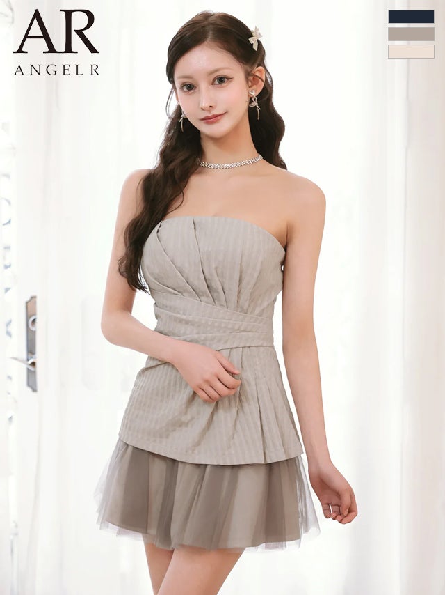 キャバドレス Angel R エンジェルアール フリル シフォン ベアトップ ウエストタック フレアミニドレス