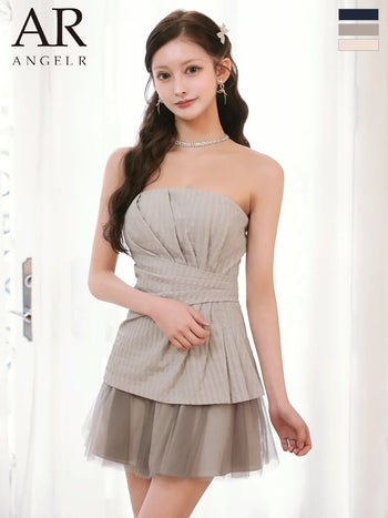 キャバドレス Angel R エンジェルアール フリル シフォン ベアトップ ウエストタック フレアミニドレス