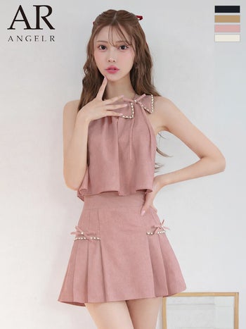キャバドレス Angel R エンジェルアール ノースリーブ プリーツスカート セットアップ 襟付き ポケット リボン チェーン フレアミニドレス