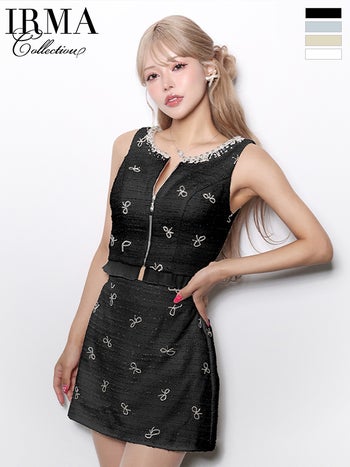 キャバドレス IRMA イルマ ツイード セットアップ リボンモチーフ ジップデザイン ノースリーブ フレアミニドレス